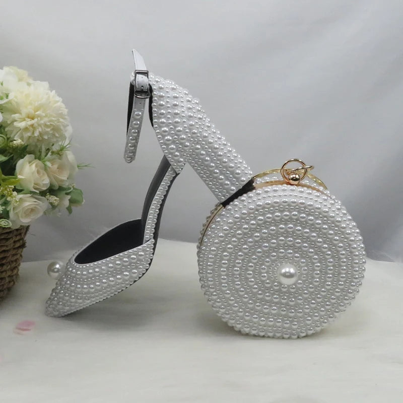 BaoYaFang White Beads Pearl Women Wedding Shoes Bride High Heels Shoes Ladies Super Big Size Party Dress Shoes Woman Pointed Toe