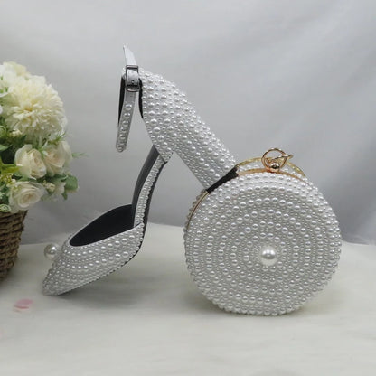 BaoYaFang White Beads Pearl Women Wedding Shoes Bride High Heels Shoes Ladies Super Big Size Party Dress Shoes Woman Pointed Toe