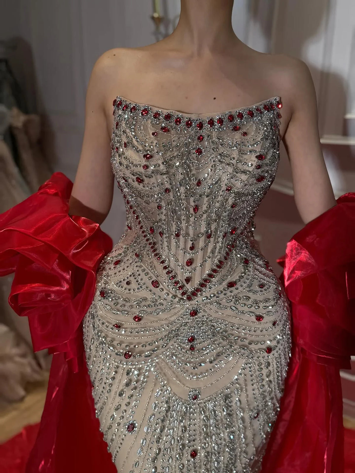 Serene Hill Luxury Red Crystal Beaded Mermaid Evening Dress with Detachable Puffy Sleeves and Satin Cape LA72903A Customized