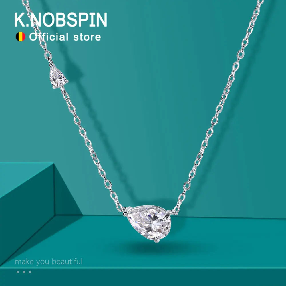 KNOBSPIN 2.35 CT Pear Cut All Moissanite Necklaces for Women D VVS1 Lab Diamond 2 Gems Pendant 100% 925 Sterling Silver Necklace