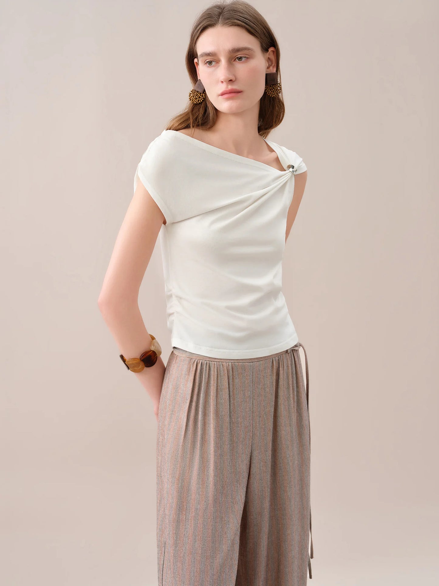 FSLE 【Premium Series】 Women's 2026 Summer New Asymmetrical Slant Neck Knit T-Shirt | Slim Fitted Stylish Top Cotton Contain Tops