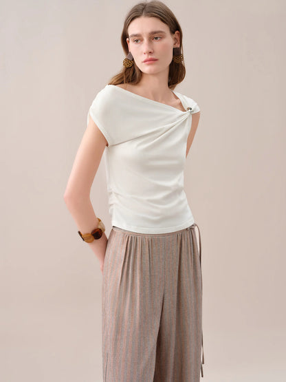 FSLE 【Premium Series】 Women's 2026 Summer New Asymmetrical Slant Neck Knit T-Shirt | Slim Fitted Stylish Top Cotton Contain Tops