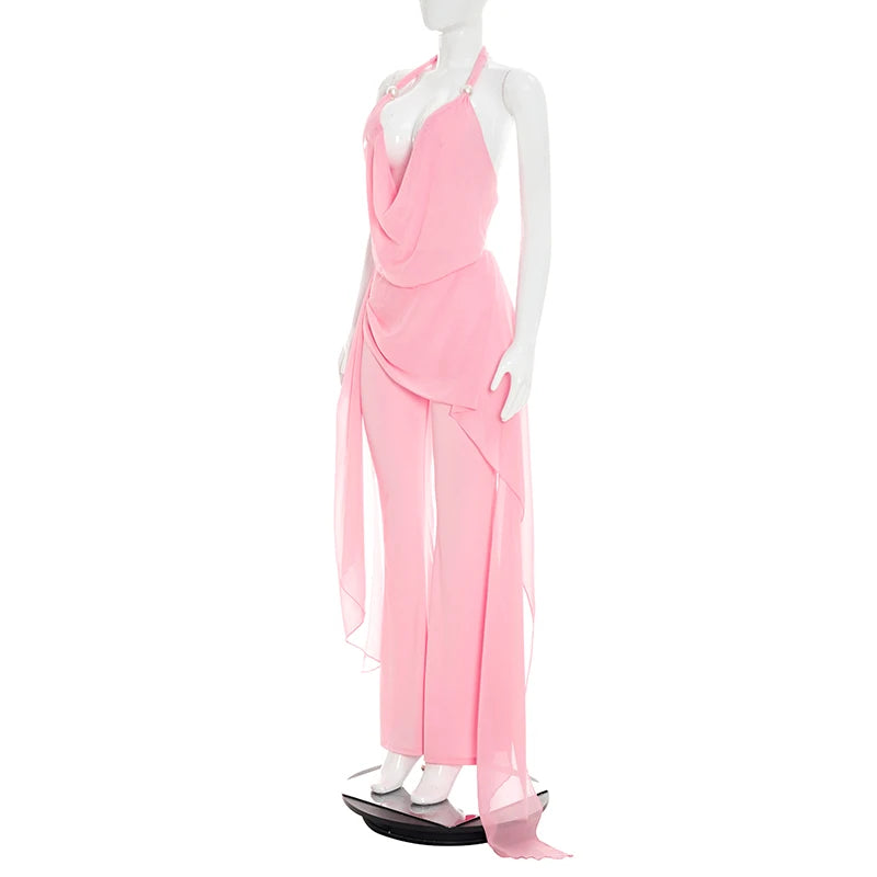 Fake two piece chiffon spliced hanging neck strap and ribbon jumpsuit pants