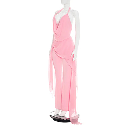 Fake two piece chiffon spliced hanging neck strap and ribbon jumpsuit pants
