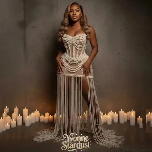 Yvonne Prom Dress Pearls Chain With Corset Birthday Formal Gowns See Through Bead Evening Dresses Customized