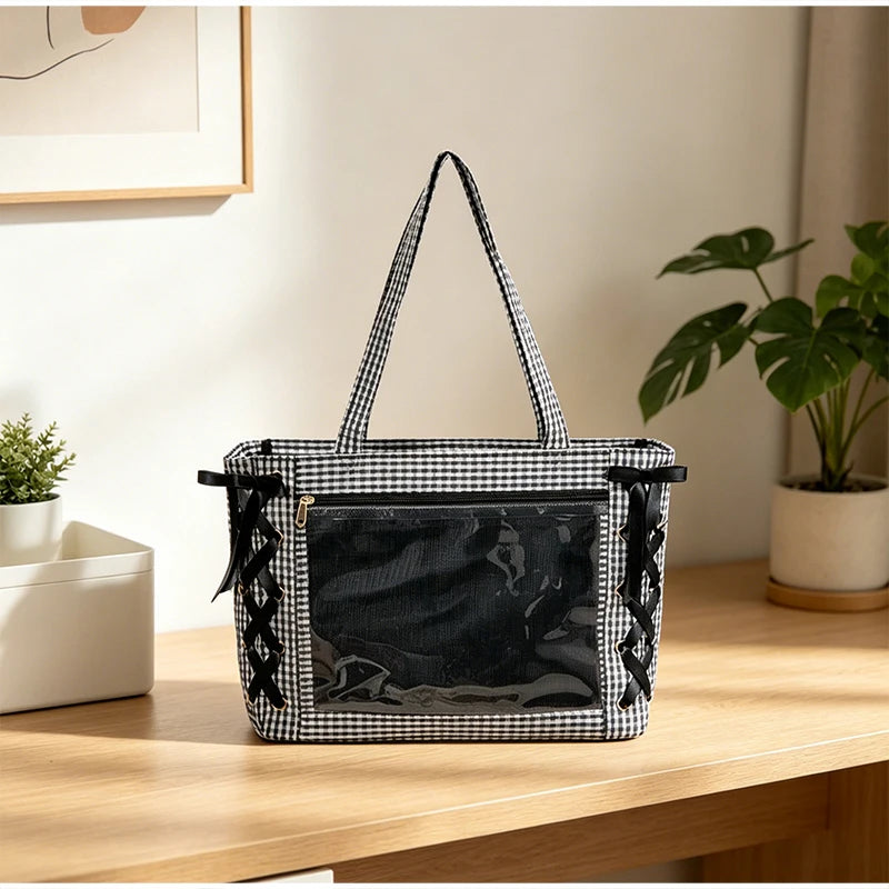 Sweet College Style Ribbon Ita Bag Women Fashion Shoulder Bags Large Capacity Tote Bag For Daily Commuting Transparent Handbag