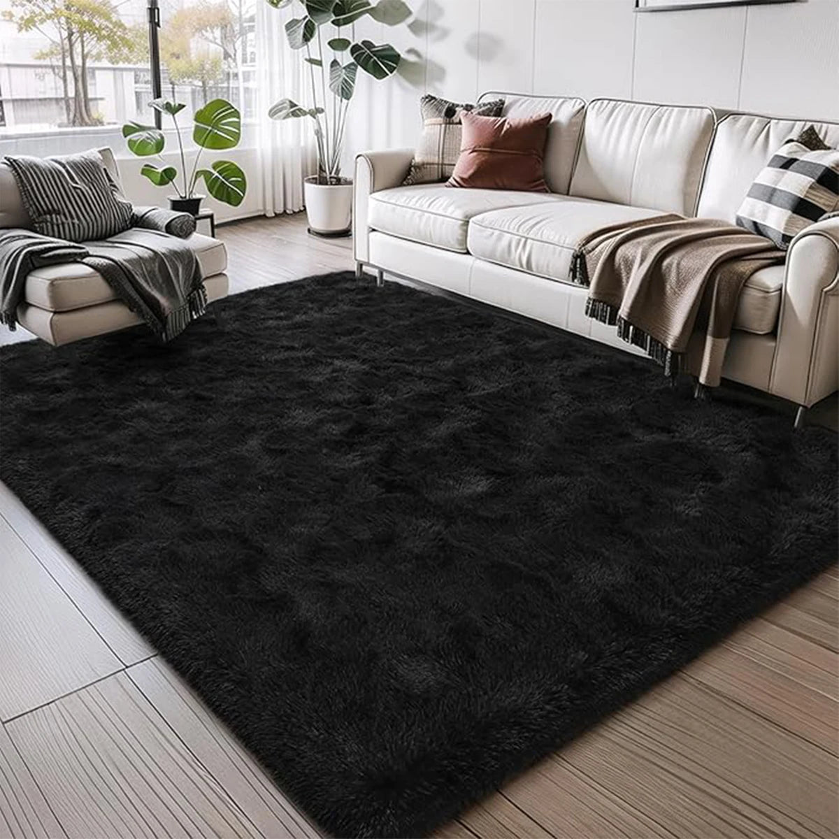 Fluffy Large Carpet for Living Room Black Non-Slip Machine Washable Plush Area Rugs for Bedroom Soft Thick Floor Mats