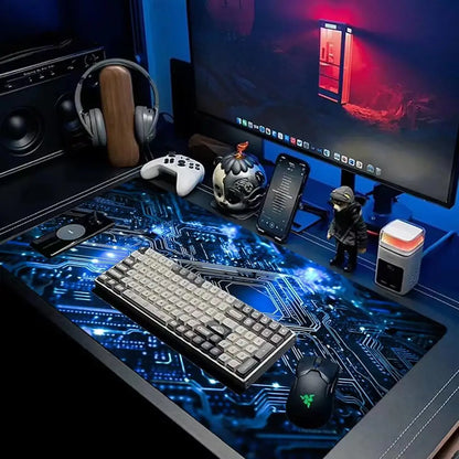 Large Gaming Mouse Pad Futuristic Tech Circuit Board Neon Chip XXL Non-Slip Rubber Keyboard Deskmat Electronic Office Table Mat