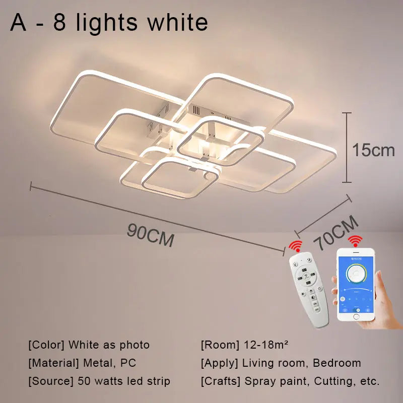 Modern Square LED Ceiling Chandelier with Remote Control Dimmable Light Fixture for Living Room Bedroom Dining Home Decor Lamp