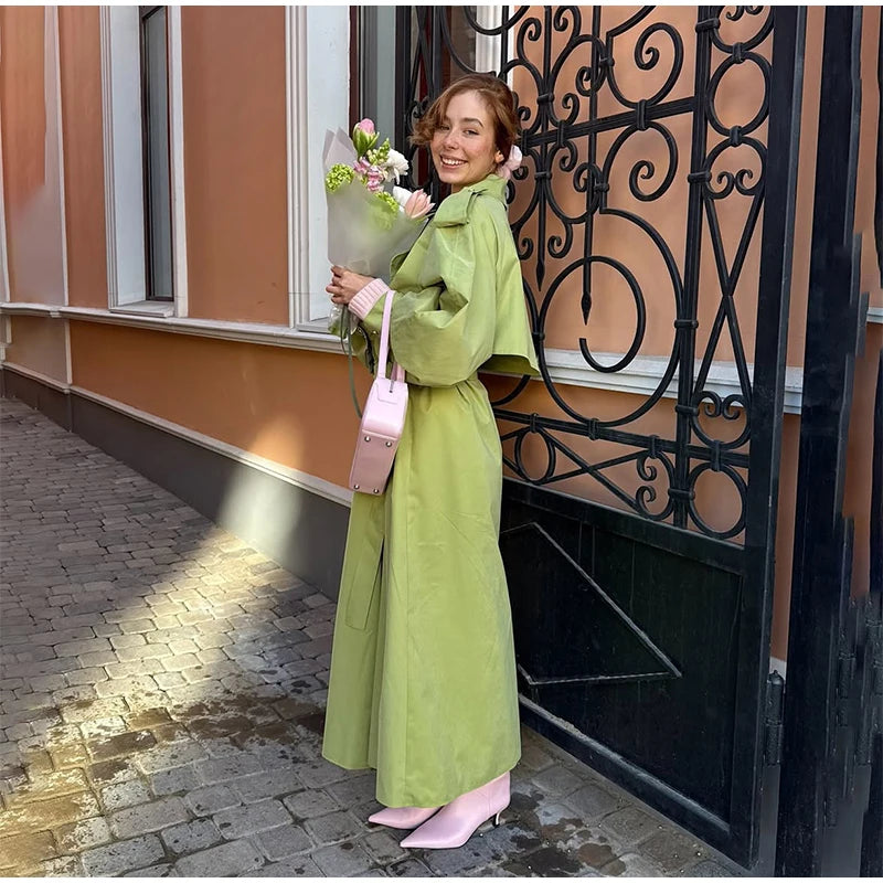 Women Khaki Long Color-block Stripe Trench Coat Wide Lapel Loose Drop Shoulder Blue Lining Slit Windbreaker Commute Outing Coats