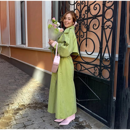 Women Khaki Long Color-block Stripe Trench Coat Wide Lapel Loose Drop Shoulder Blue Lining Slit Windbreaker Commute Outing Coats