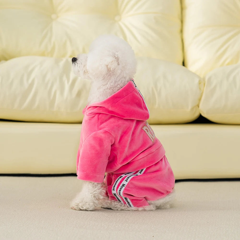 Soft Velvet Dog Jumpsuit Puppy Pajamas Onesie with Hoodie Pet Apparel Spring Autumn Cozy Dog Clothes for Small Medium Dogs