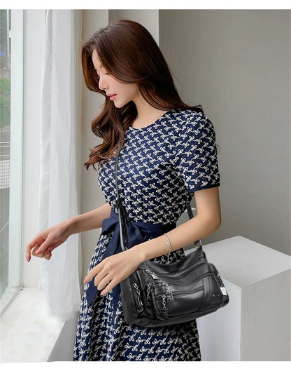 Many Pockets Women Leather Top-handle Bag Luxury Designer Female Shoulder Messenger Shopper Bags Brand Ladies Crossbody Handbags