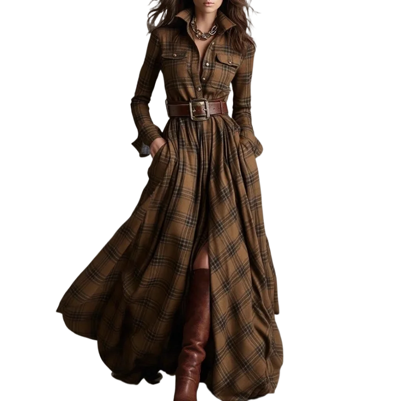 Autumn Vintage Long Sleven Dress for Women Plaid Print Shirt Maxi Dress Vacation Female Elegant Belt Loose Pocket A-line Dresses