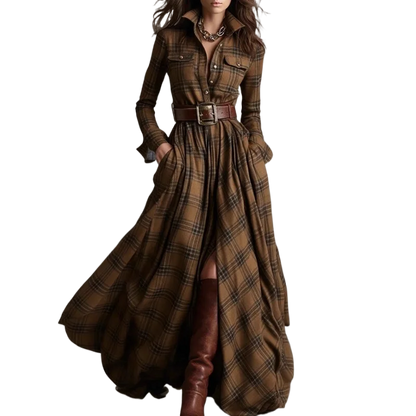 Autumn Vintage Long Sleven Dress for Women Plaid Print Shirt Maxi Dress Vacation Female Elegant Belt Loose Pocket A-line Dresses