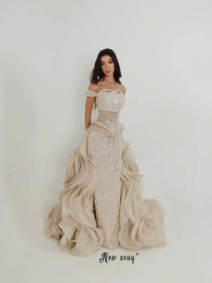 Detachable Train Beige Prom Dresses Off Shoulder Beading Wedding Guest Gown Customized for Bride vestido madrinha casamento