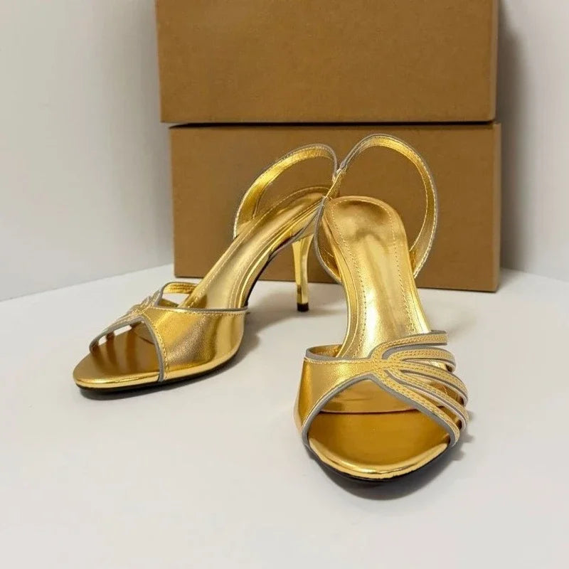 Luxury Gold High Heeled Sandals Women Summer Open Toe Hollow Ankle Strap High Heels for Ladies Elegant Wedding Bridal Shoes