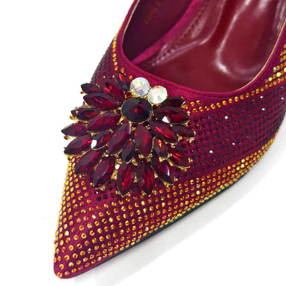 Venus Chan 2026 Italian Luxury Rhinestone Wine Pointed Toe High Heels with Matching Bag Set – Ideal for Parties and Special