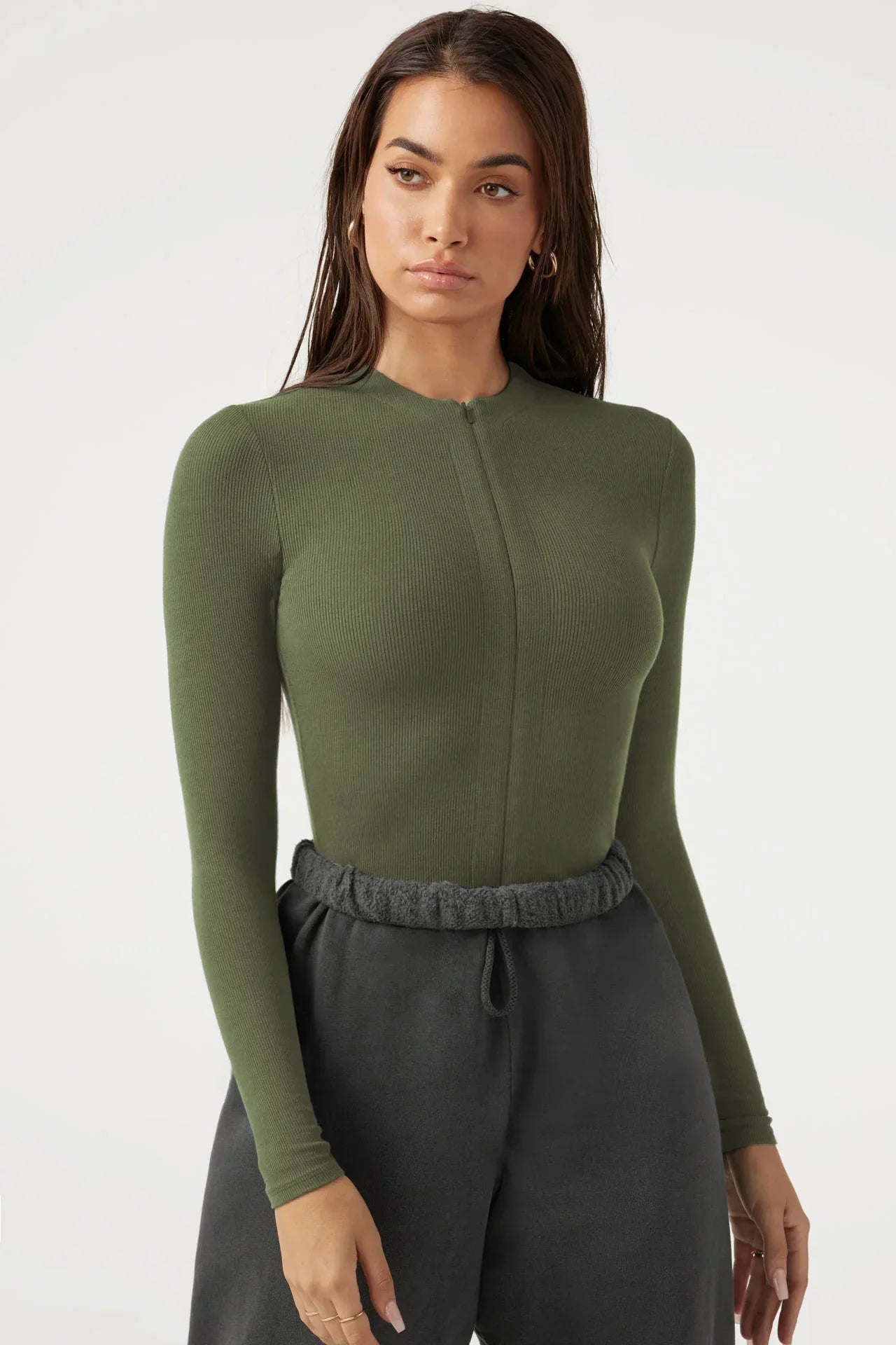 New Women's Jumpsuits Ribbed Long Sleeve Bodysuit Front Zip V Neck Bodycon Tops Stretchy Slim Fit Casual Streetwear for Daily