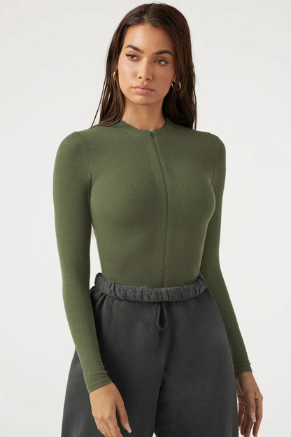 New Women's Jumpsuits Ribbed Long Sleeve Bodysuit Front Zip V Neck Bodycon Tops Stretchy Slim Fit Casual Streetwear for Daily