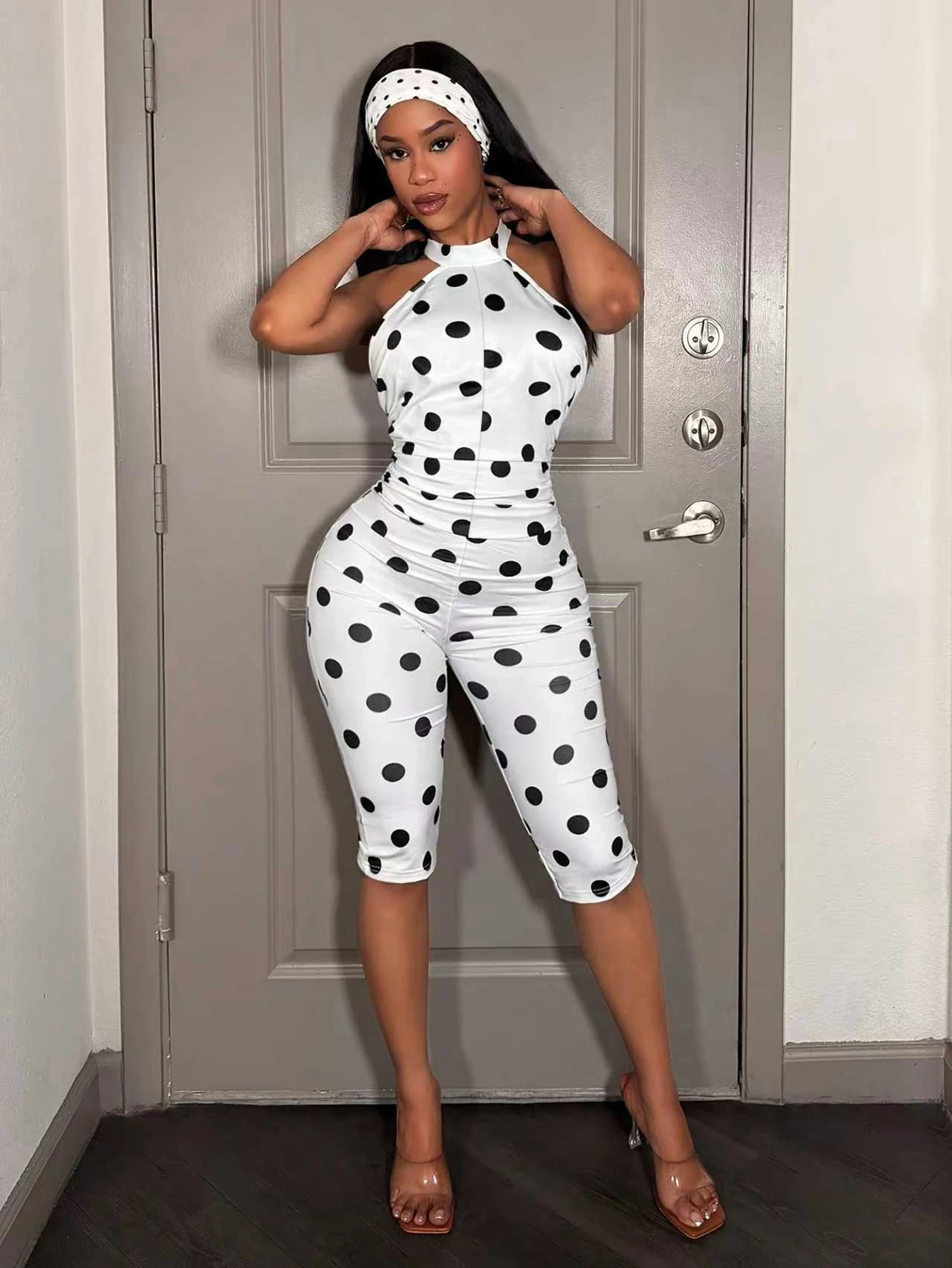 Polka Dot Off-Shoulder Long Sleeve Jumpsuit Women's Waist-Cinching Slim Fit Pleated Bodycon Backless Belted Ankle-Length Pant