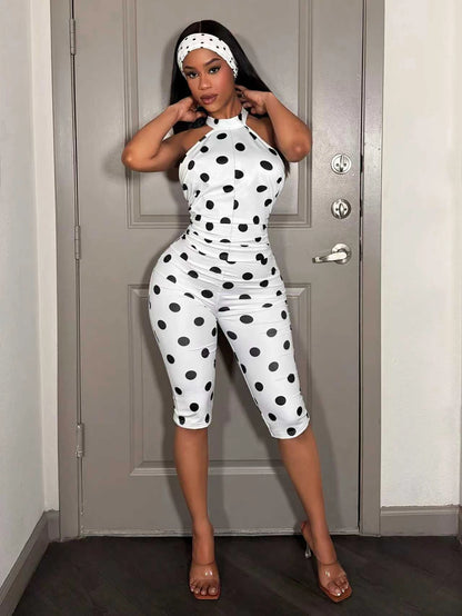 Polka Dot Off-Shoulder Long Sleeve Jumpsuit Women's Waist-Cinching Slim Fit Pleated Bodycon Backless Belted Ankle-Length Pant