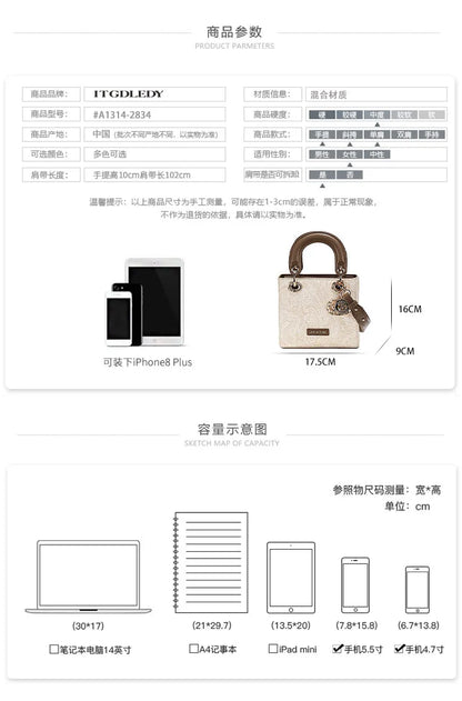 Luxury and Versatile Handheld Square Bag with Delicate Embroidery and High Quality Metal Pendant Women New Fashion Crossbody Bag