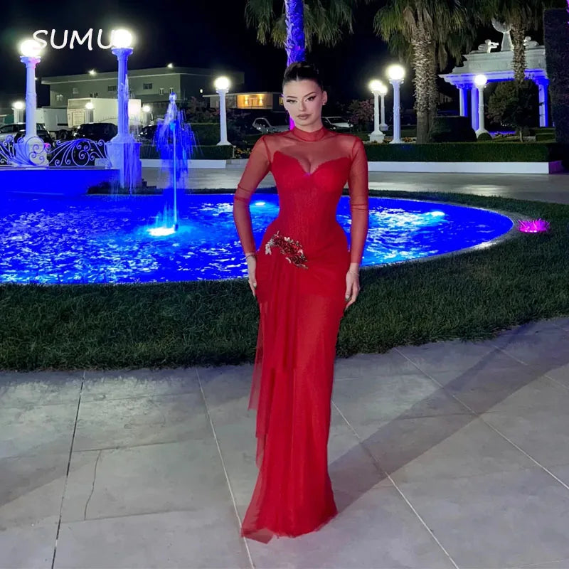 Customized Evening Dress   High-neck Fashion Flowers Backless Full Sleeve Prom Gown Floor-length Lace-up Party Gown