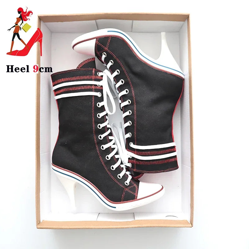 2024 Women Boots Design Stiletto High Heel Canvas Shoes Fashion Lady Lace up Pointed Ankle Shoes Sexy High-heeled Thin Heel Boot