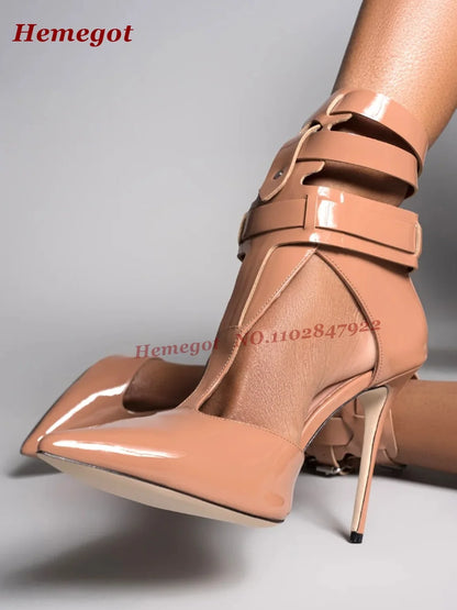 Black T-Straps Glossy Buckled Sandals Pointy Toe Thin Heels Cut Out Women's Sandals Patent Leather Solid Luxury Party Shoes Sexy