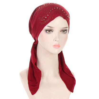Fashion Diamond Women's Hijab Solid Color Muslim Ladies Turban Bonnet Soft Elastic Long Tail Head Wrap Head Scarf Indian Hats