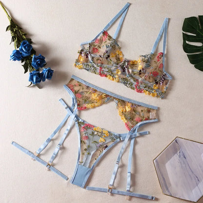Krasapt Sexy Lace Embroidery 3-Piece Sets Transparent Sensual Fancy Beautiful Bra Brief Set Attractive Intimate Bilizna Outfits