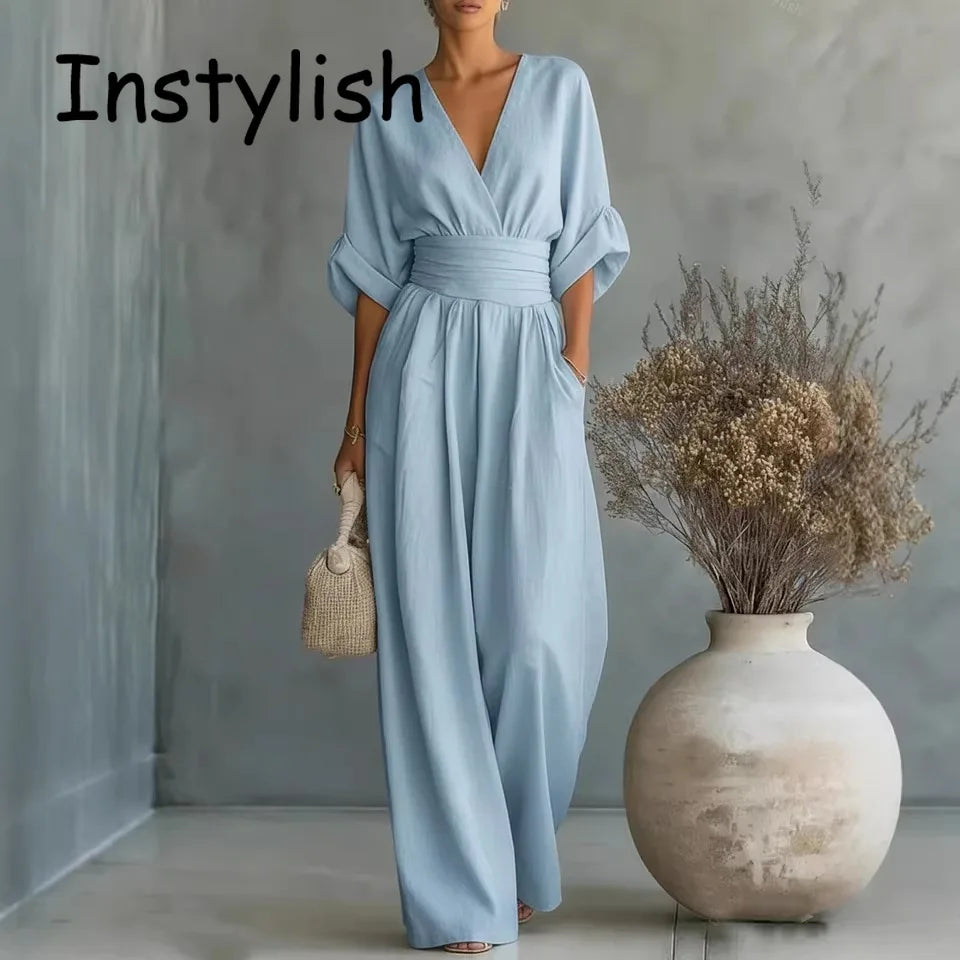 Women Elegant Linen V Neck Short Sleeve Jumpsuit Waist Cinched Wide Leg Long Pants Rompers with Pockets Casual Ladies Overalls