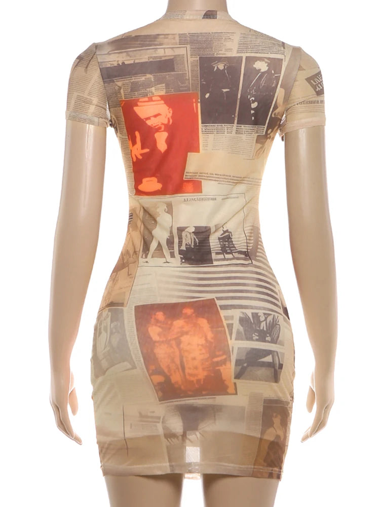 SIsterlinda Newspaper Print Chic Sexy Dress Woman Fashion O-Neck Short Sleeve Skinny Peach Buttocks Midnight Club Party Bodycon