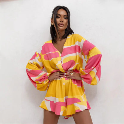 Fashion Print Jumpsuit V-neck Buttons Long Sleeves High Waist Spliced ruffle Slim Shorts Jumpsuits For Women Spring New Style