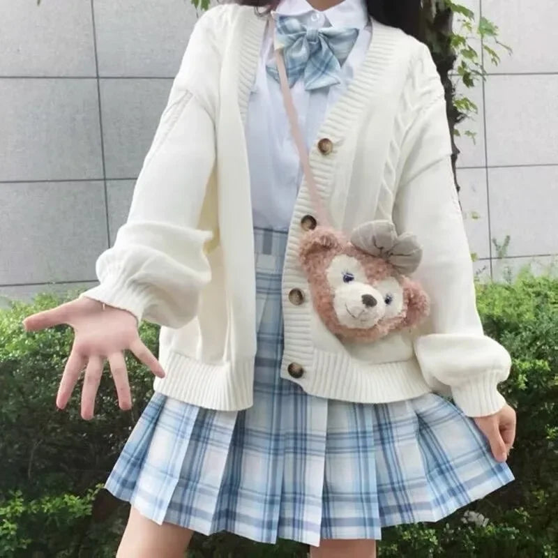 School Autumn Winter Lazy Style Japanese JK Knit Cardigan Loose College Sweater Plaid Skirt Matching Set For Campus Daily Class