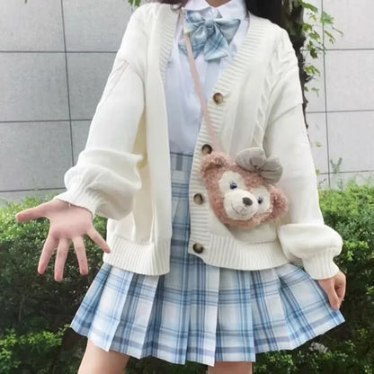 School Autumn Winter Lazy Style Japanese JK Knit Cardigan Loose College Sweater Plaid Skirt Matching Set For Campus Daily Class
