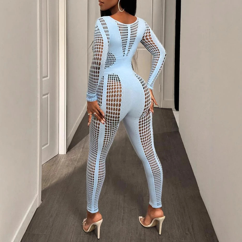 2026 Spring Autumn Woman Jumpsuits Playsuits Sexy Clothing Clubwear Long Sleeve Hollow Out Mesh See Through Fitness Jumpsuit