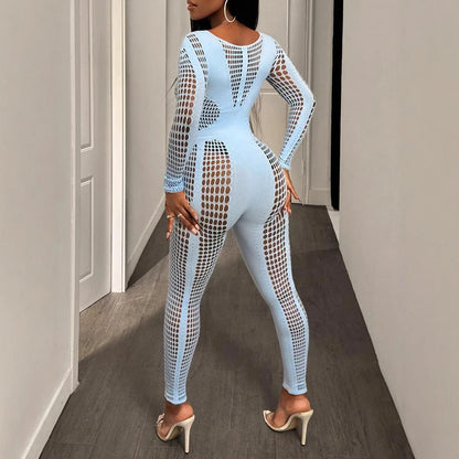 2026 Spring Autumn Woman Jumpsuits Playsuits Sexy Clothing Clubwear Long Sleeve Hollow Out Mesh See Through Fitness Jumpsuit
