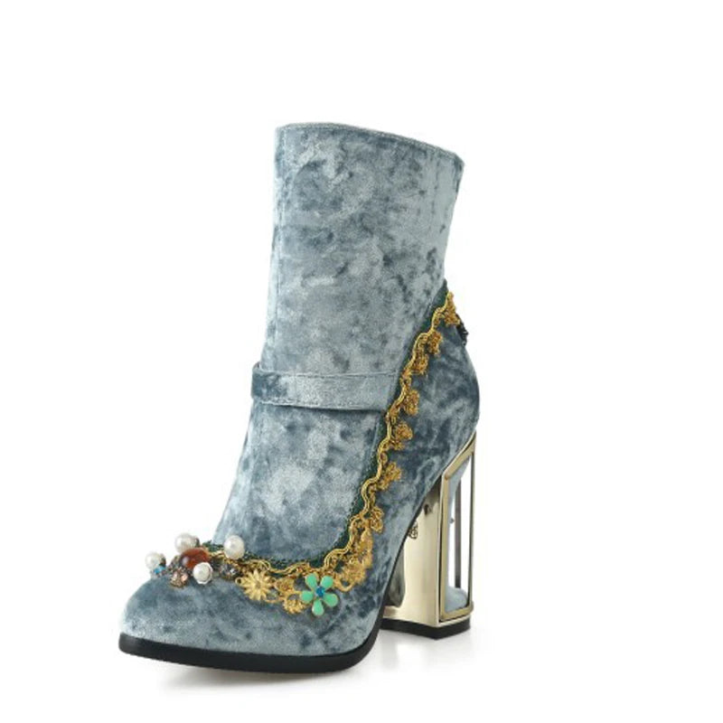 Royal Gemstone Jeweled Flower Velvet Ankle Boots Floral Crystal Cage Fretwork High Heels Blue Red Black Woman Bridal Booties