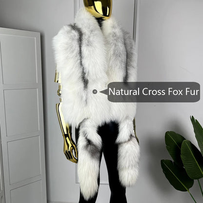 Winter Genuine Fox Fur Shawl With Tail Fur Shawl For Men Long Natural Cross Fox Fur Scarf High Quality Real Fur Scarf
