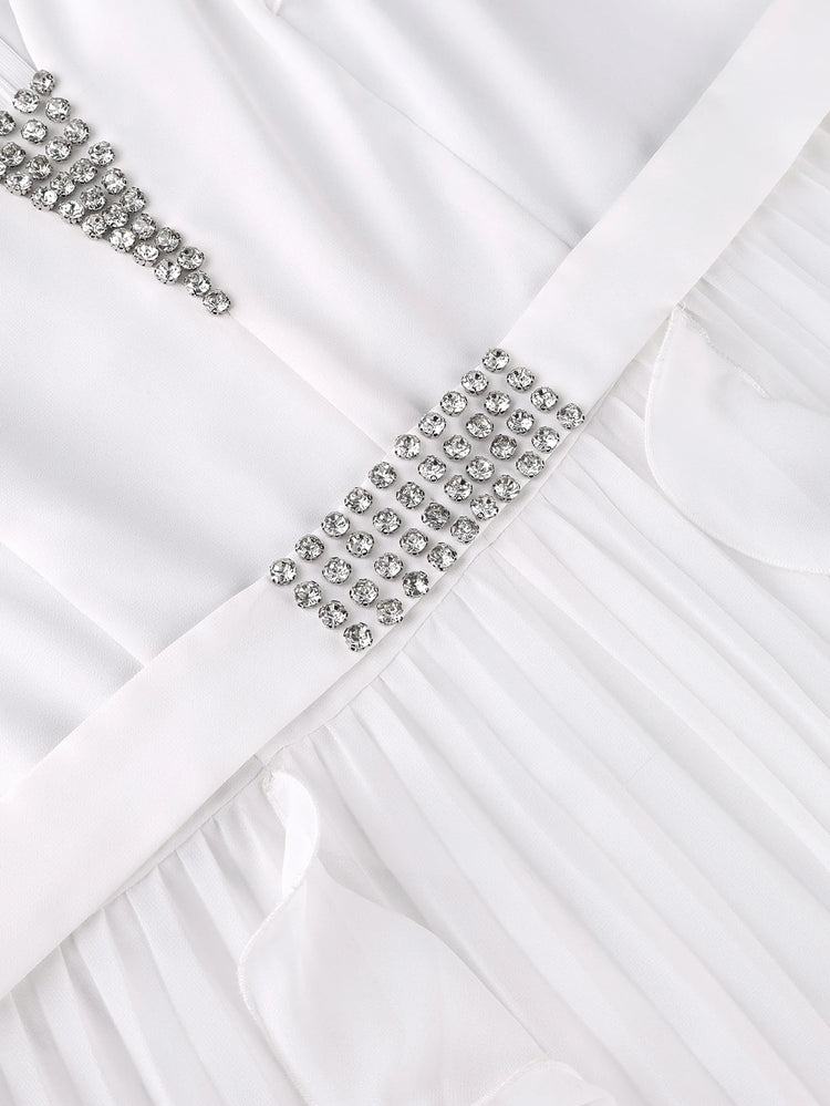 Elegant Women Wide Leg Pleated Jumpsuits V Neck Short Sleeve Ruffle Diamond Waist Belt Fashion African Female Evening Party Wear