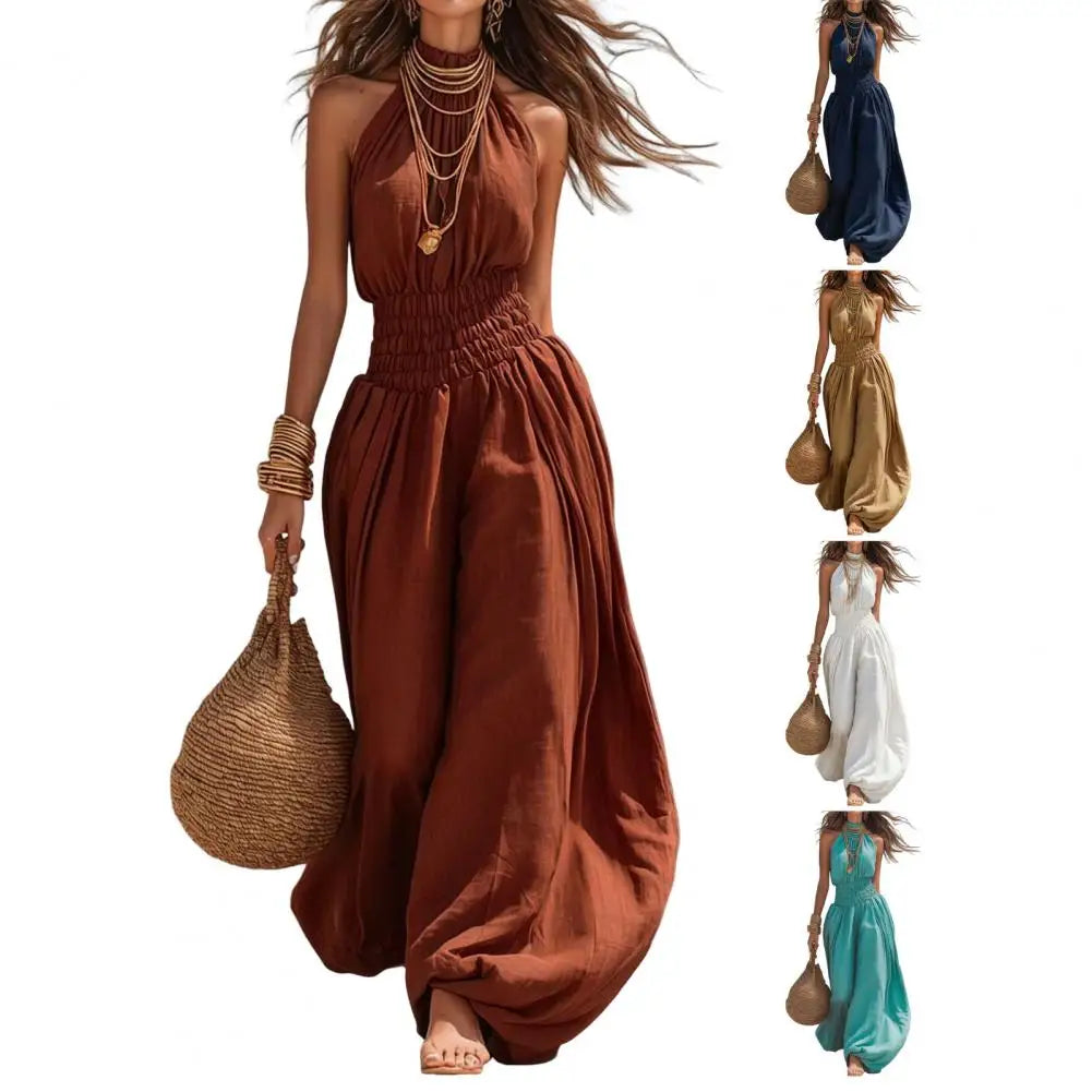 Smocked Waist Lantern Pants Women Rompers Summer Romper Halter Neck Sleeveless Jumpsuit With Lantern Leg For Casual Streetwear