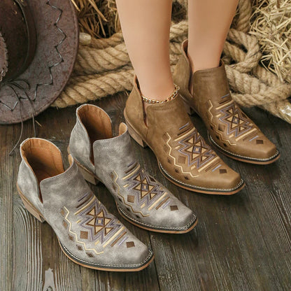 Fashion Retro Women ankle boots low heel square head stitching line embroidery shoes soft short boots party banquet Plus Size 43