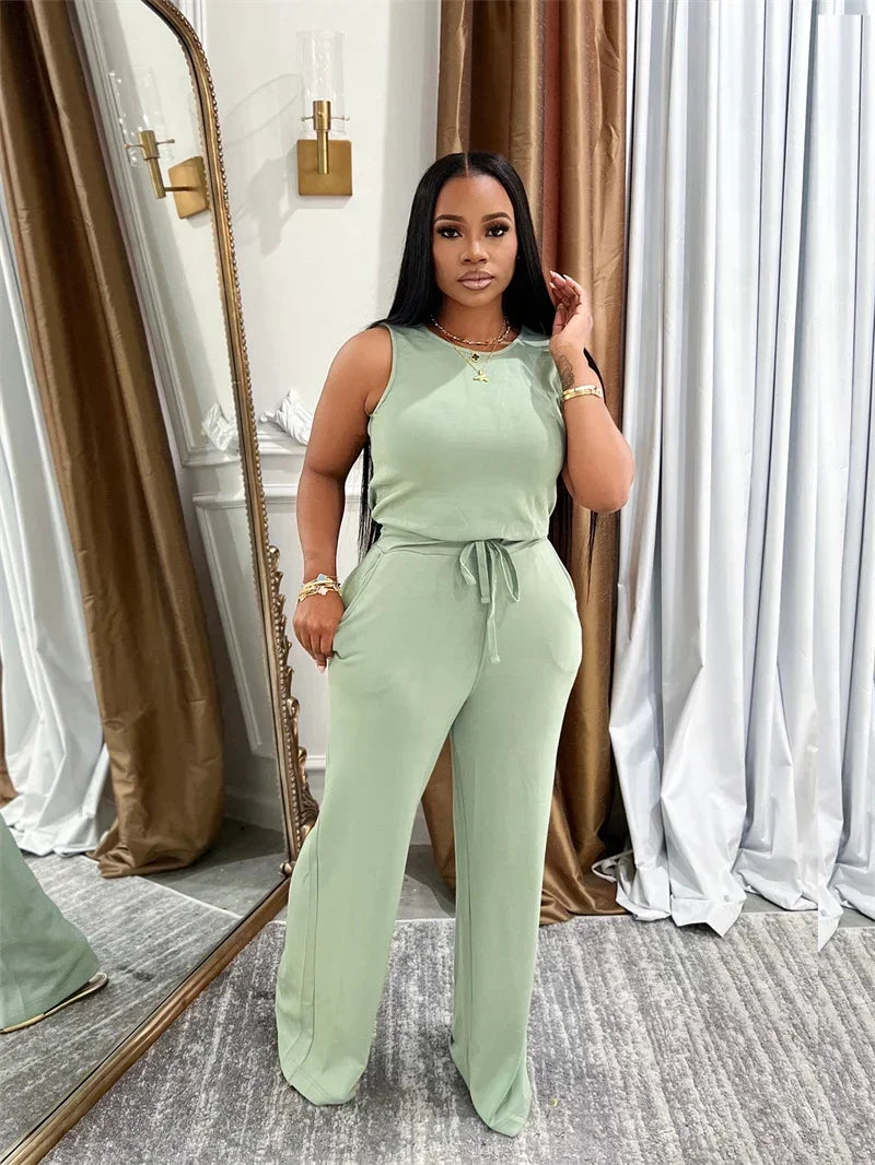 Solid Casual Jumpsuit for Women Sleeveless Drawstring High Waist One Pieces Rompers and Jumpsuits Summer Outfits Combinaison
