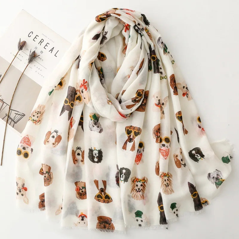 Cozy Dachshund Dog Cat Pattern Viscose Shawl for Women - 180x90Cm Fringe Detail Breathable Thin Wrap Scarves Autumn/Winter Snood