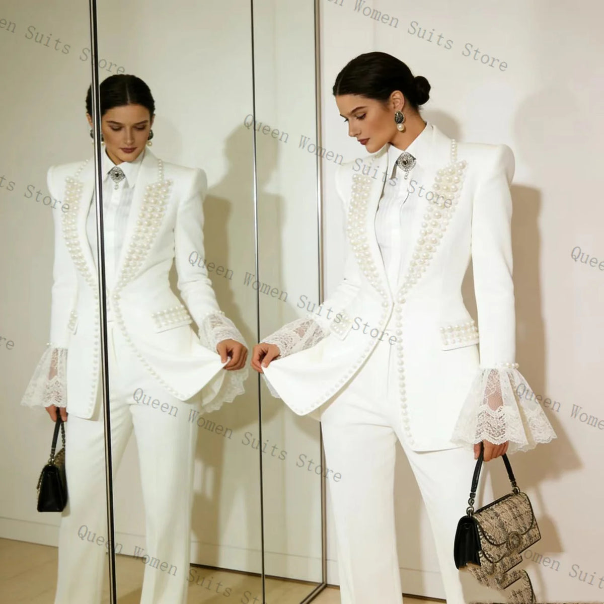 White Pearls Lace Women Suit Set 2 Pcs Blazer Pants Cotton Outfit Prom Formal Office Lady Jacket Wedding Coat Customized