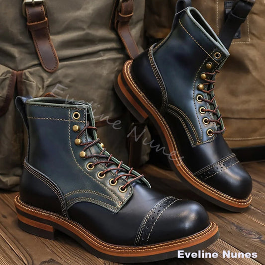 Brogue Cap‑Toe Non‑Slip Combat Boots Men Genuine Leather Lace‑Up Motorcycle Boots Casual Thick Outdoor Daily Retro Work Boots