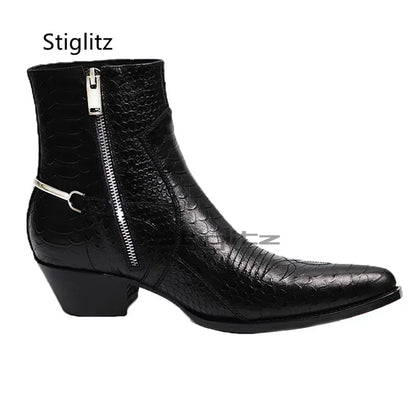 Genuine Leather Embroidery Men's Boots Pointy Chelsea Boots Snakeskin Metal Decor Chunky Heeled Ankle Boots Party Male Shoes