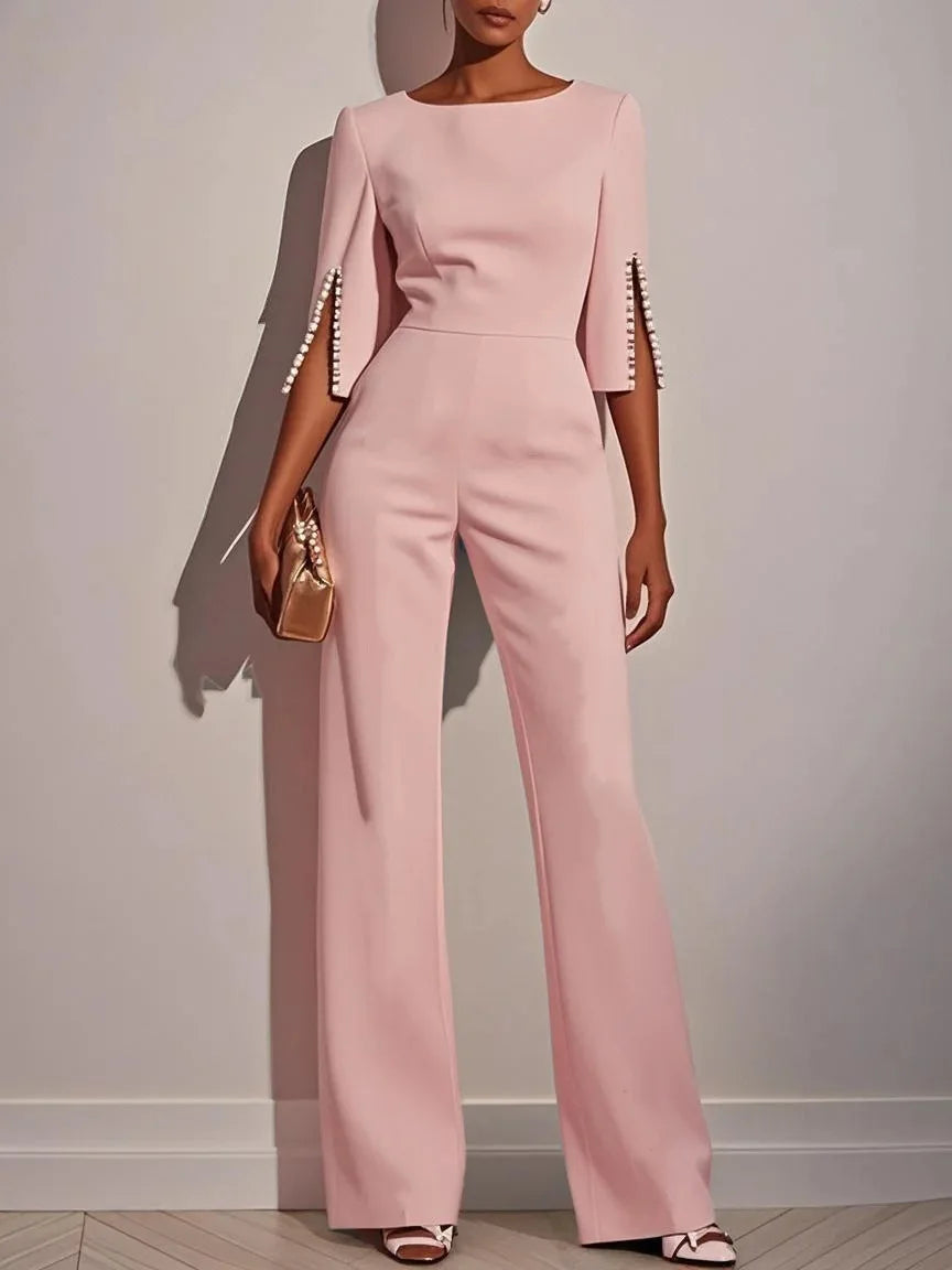 Women Round Neck Pearl Sleeve Wide Leg Jumpsuit Elegant Office Lady Fashion Spring Autumn